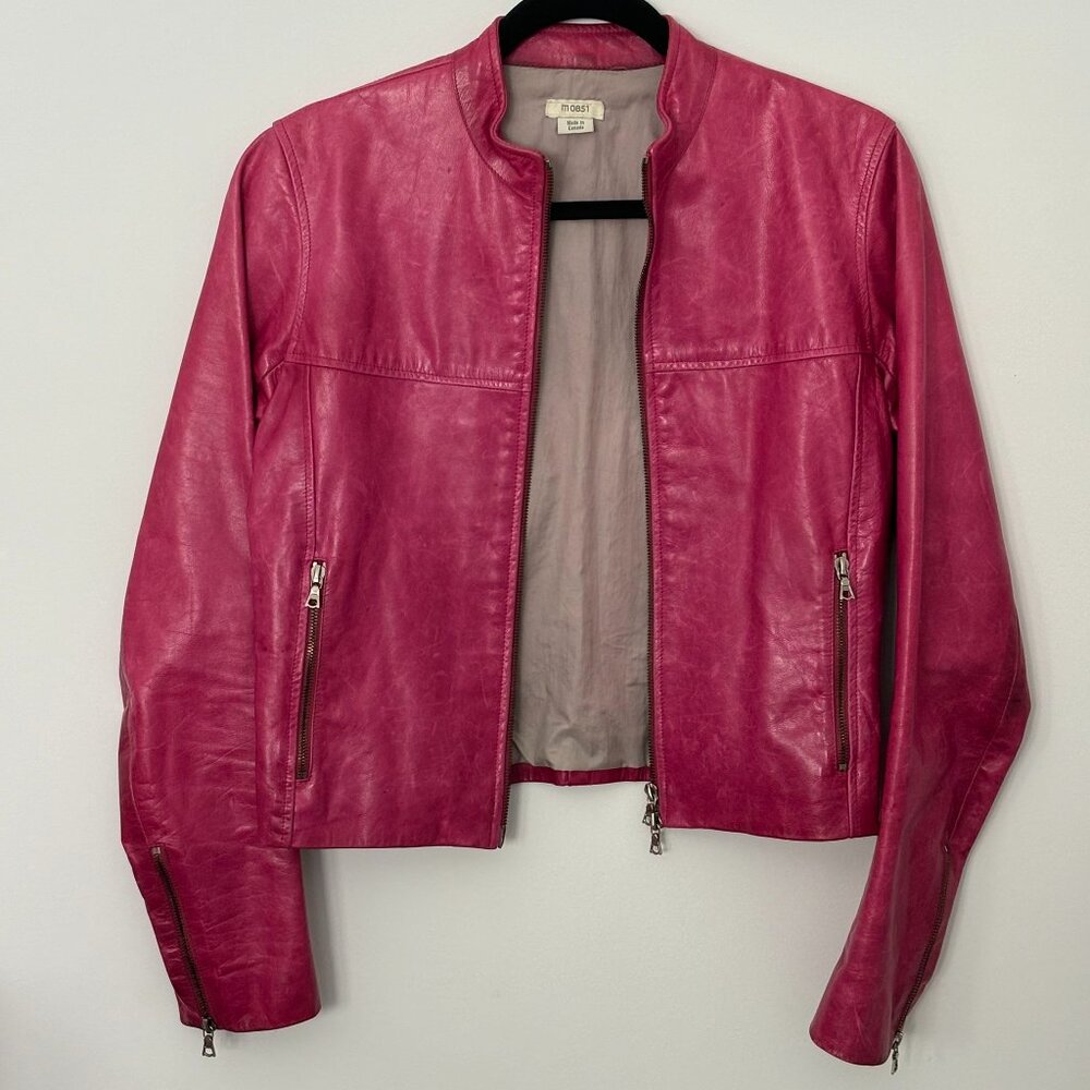 Vintage Hot Pink Genuine Leather Double Zip Jacket